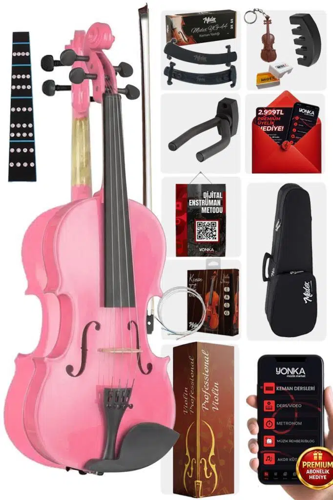 Midex HGA34PİNK-PAK Pembe 3/4 Çocuk Kemanı Seti 10-13 Yaş (Yastık Susturucu Çanta Yay Reçine)