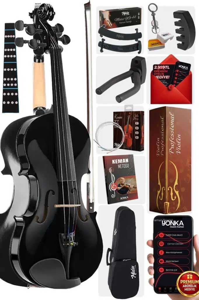 Midex HGA44BK-PAK Full Siyah Set Keman 4/4 (Yastık Susturucu Yedek Tel Reçine Çanta Yay)