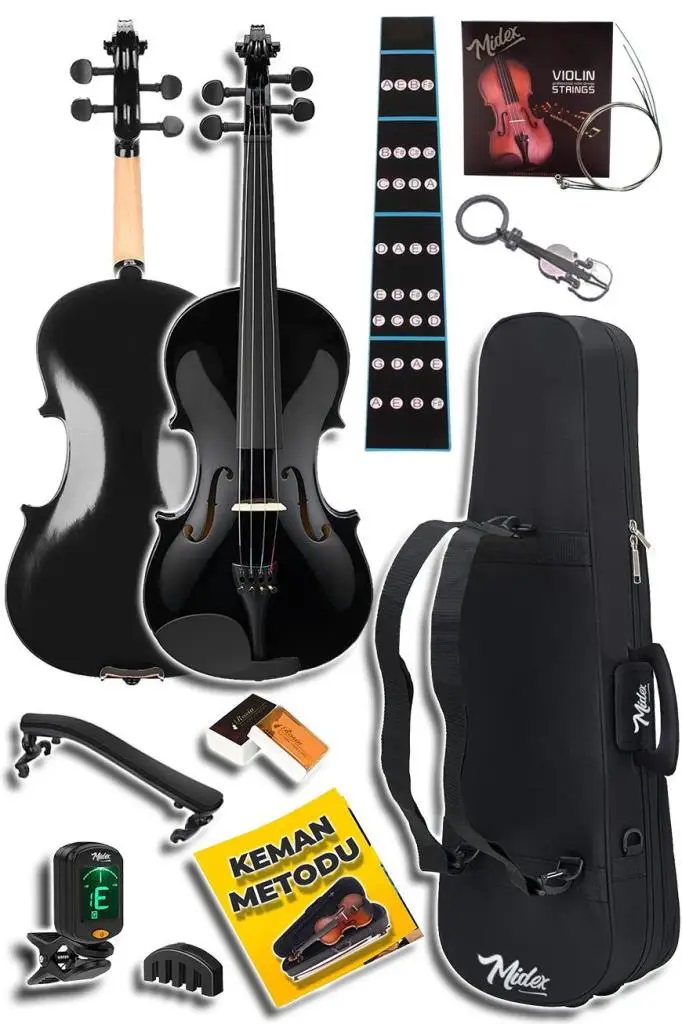 Midex HGA44BK-PAK Full Siyah Set Keman 4/4 (Yastık Tuner Susturucu Yedek Tel Reçine Çanta Yay)