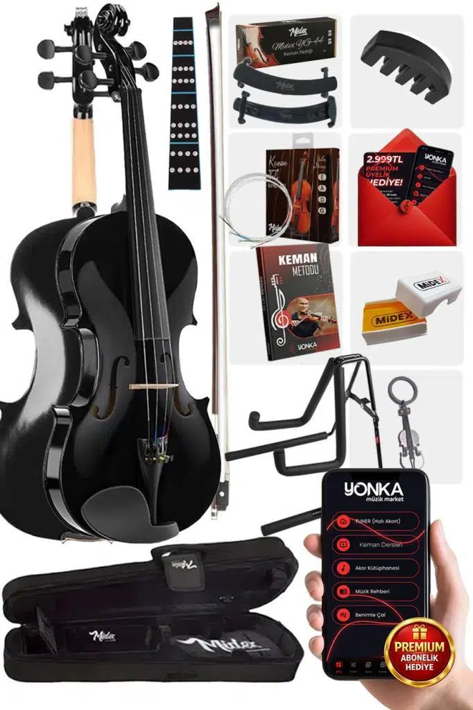 Midex HGA44BK-STYS Full Siyah Set Keman 4/4 (Yastık Stand Susturucu Yedek Tel Reçine Çanta Yay)