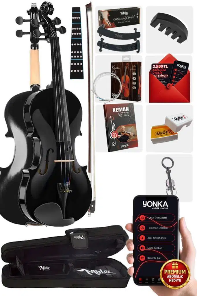 Midex HGA44BK-TYS Full Siyah Set Keman 4/4 (Yastık Reçine Çanta Yedek Tel Susturucu Yay)