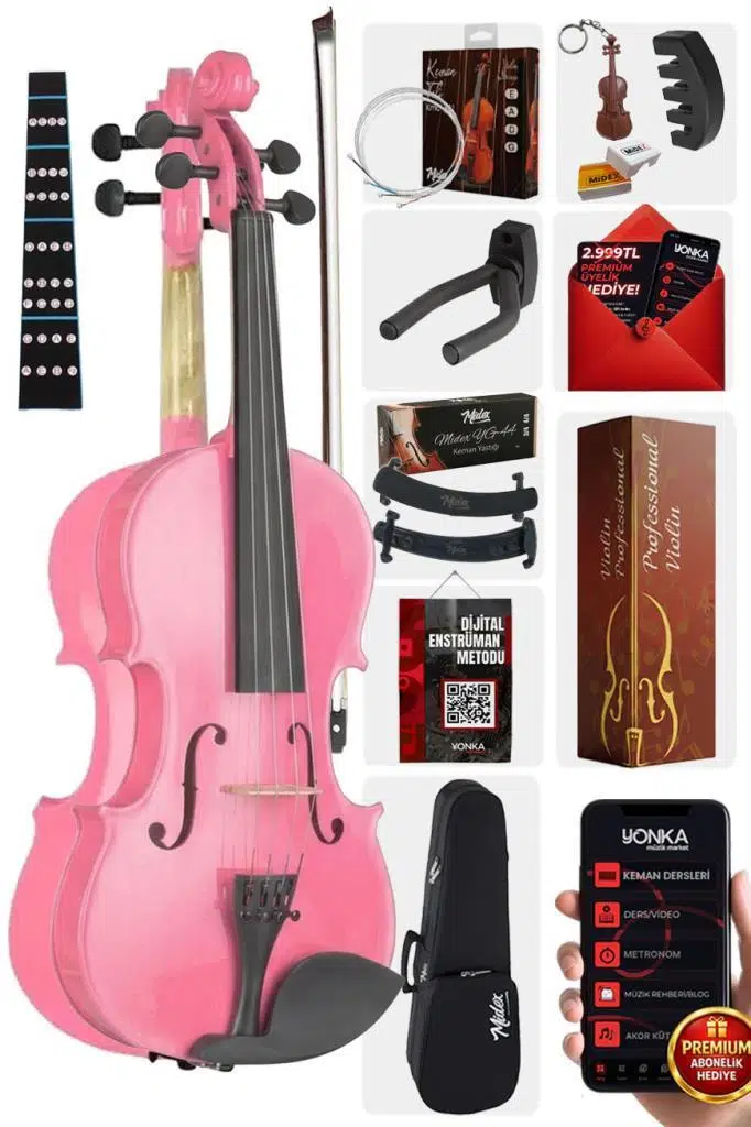 Midex HGA44PİNK-PAK Pembe 4/4 Tam Boy Keman Seti (Yastık Susturucu Çanta Yay Reçine)