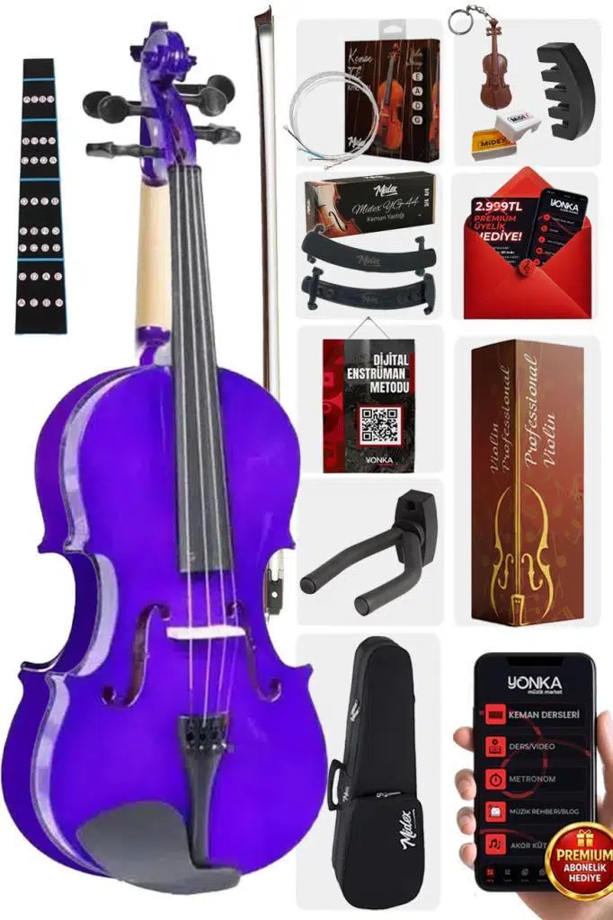 Midex HGA44PU-PAK Mor 4/4 Tam Boy Keman Seti (Yastık Susturucu Çanta Yay Reçine Yedek Tel Metod)
