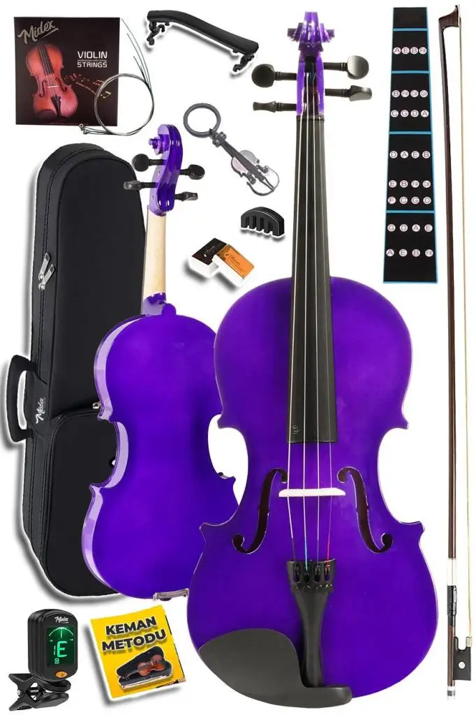 Midex HGA44PU-PAK Mor 4/4 Tam Boy Keman Seti (Yastık Tuner Susturucu Çanta Yay Reçine Yedek Tel Metod)