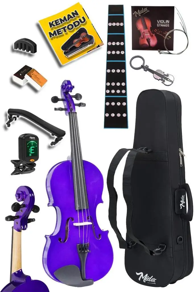 Midex HGA44PU-PAK Mor 4/4 Tam Boy Keman Seti (Yastık Tuner Susturucu Çanta Yay Reçine Yedek Tel Metod)