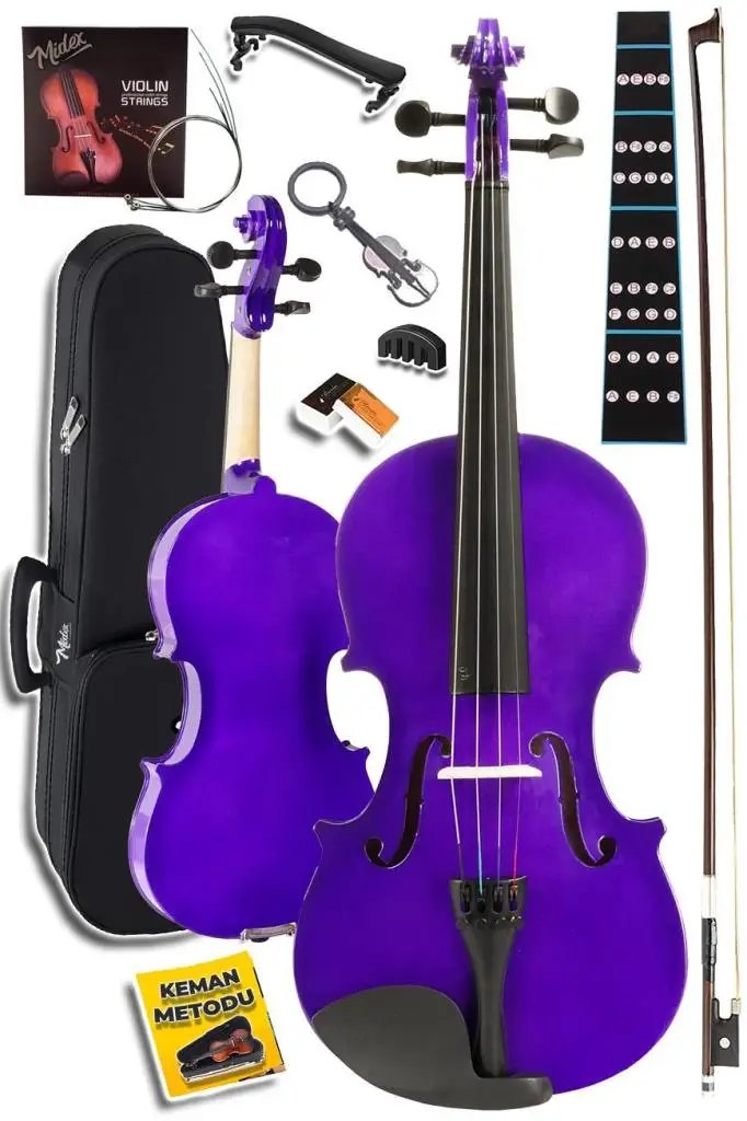 Midex HGA44PU-TYS Mor 4/4 Tam Boy Keman Seti (Yastık Yedek Tel Susturucu Çanta Yay Reçine Metod)