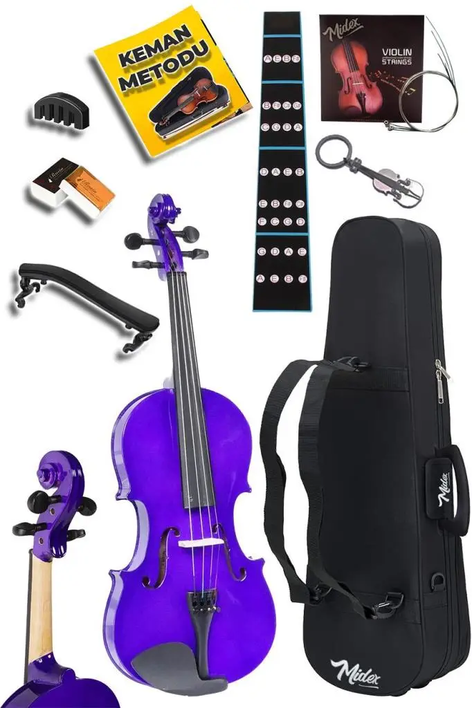 Midex HGA44PU-TYS Mor 4/4 Tam Boy Keman Seti (Yastık Yedek Tel Susturucu Çanta Yay Reçine Metod)