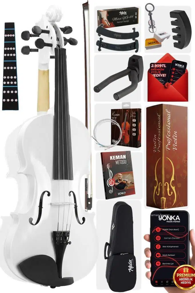 Midex HGA44WH-PAK Beyaz 4/4 Tam Boy Keman Seti (Yastık Susturucu Çanta Yay Reçine)