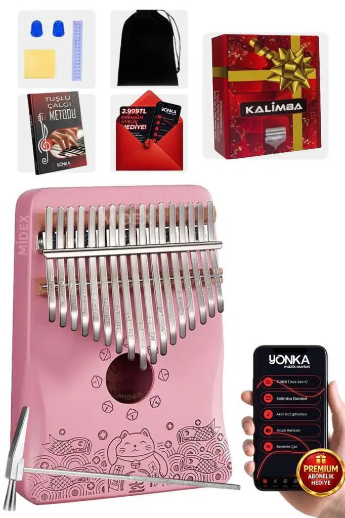 Midex KLX-350 Pembe Kalimba Gerçek Ağaç 17 Tuşlu Full Set