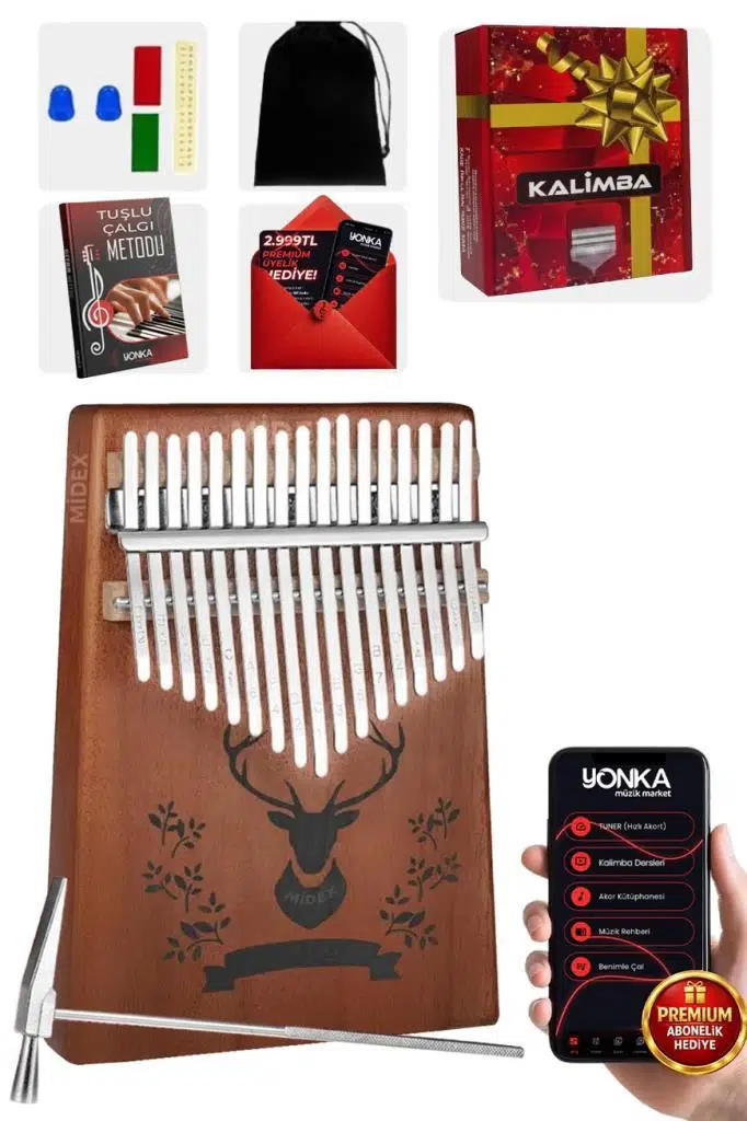 Midex KLX-456 Hakiki Maun Ağacı Kalimba 17 Çelik Tuşlu (Türkçe Metod Çanta Çekiç)
