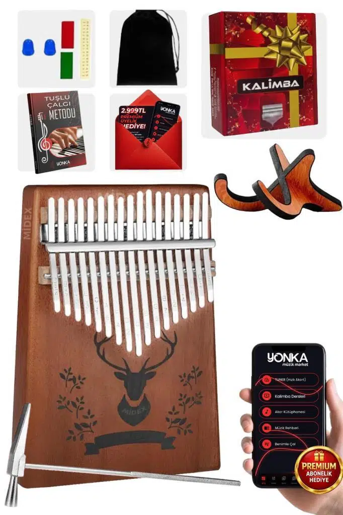 Midex KLX-456-PAK Hakiki Ağaç Geyik Desenli Kalimba 17 Tuşlu Full Set