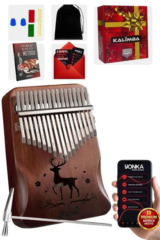 Midex KLX-520 Hakiki Ağaç Kalimba Geyik Desenli Ahşap Full Set 17 Çelik Tuşlu