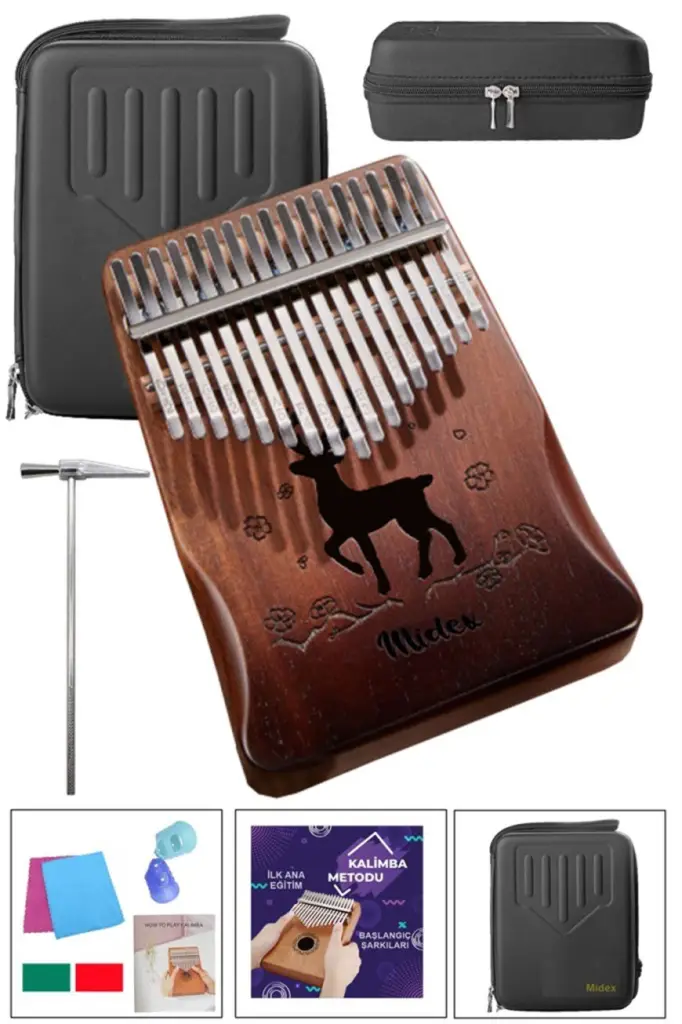 Midex KLX-521CS GİGBAGLİ Hakiki Ağaç Kalimba Geyik Desenli Full Set 17 Tuş
