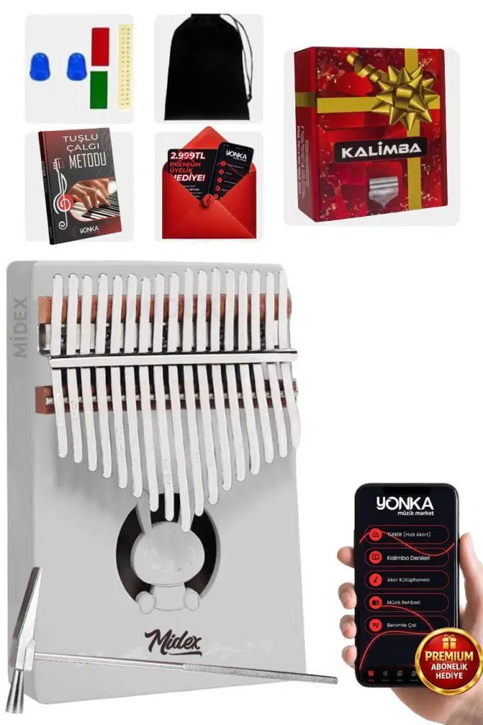 Midex KLX-550 Beyaz Renk Gerçek Ağaç Kalimba 17 Tuşlu Full Set