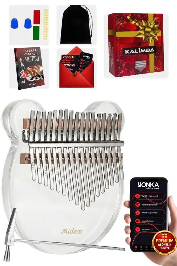 Midex KLX-6000 Şeffaf Cam Kalimba Paslanmaz Çelik 17 Tuşlu Çekiç Çanta Metod Full Set