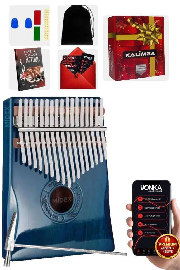 Midex KLX-661 Kalimba 1. Sınıf Koa Ağacı Mavi Renk Mineral Çelik Paslanmaz 17 Tuş Tam Set