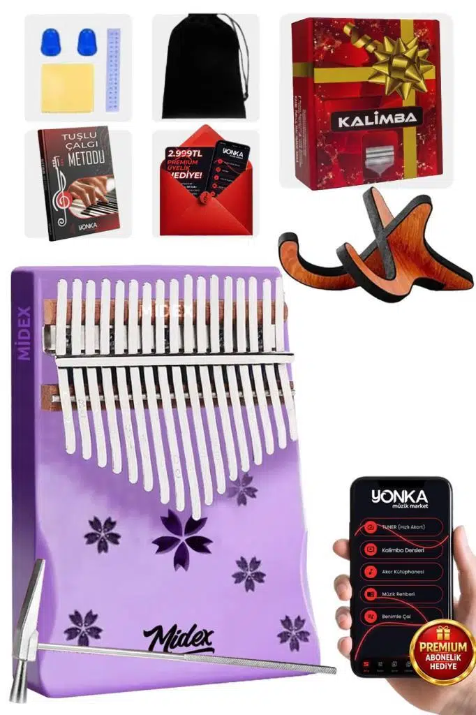 Midex KLX-870-PAK Mor Renk Yüksek Kaliteli Ahşap Kalimba 17 Tuşlu Full Set