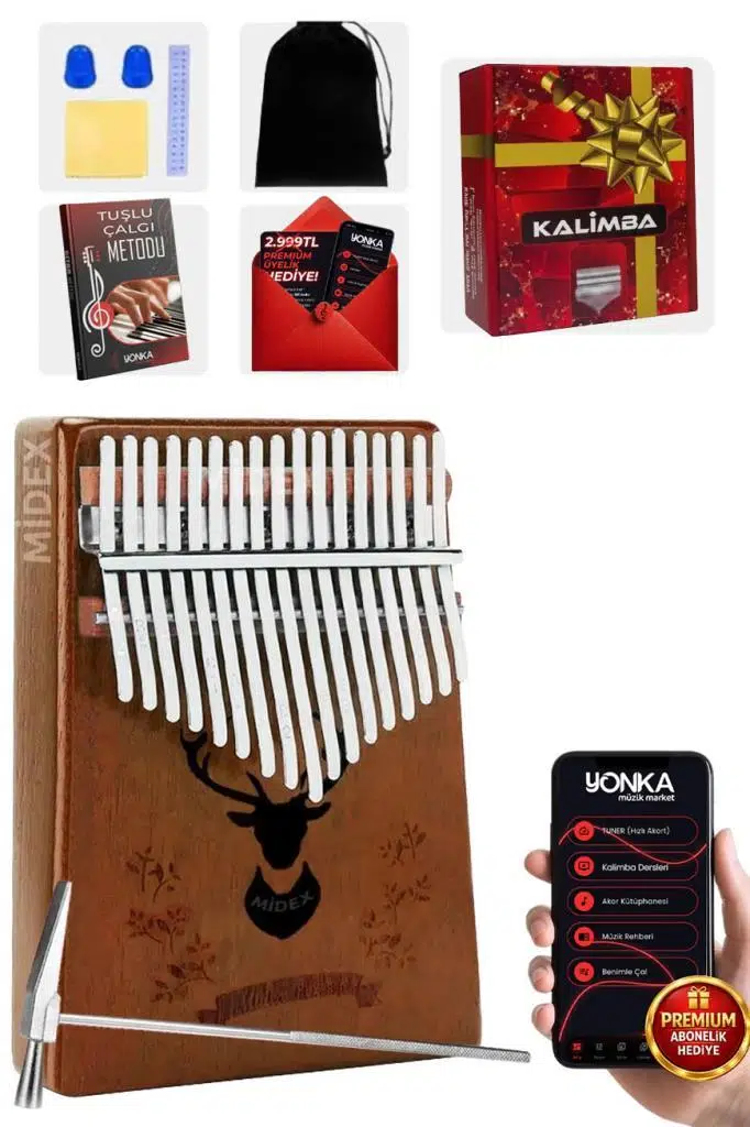 Midex KLX-880 Hakiki Ağaç Kalimba Geyik Desenli Ahşap Full Set 17 Çelik Tuşlu
