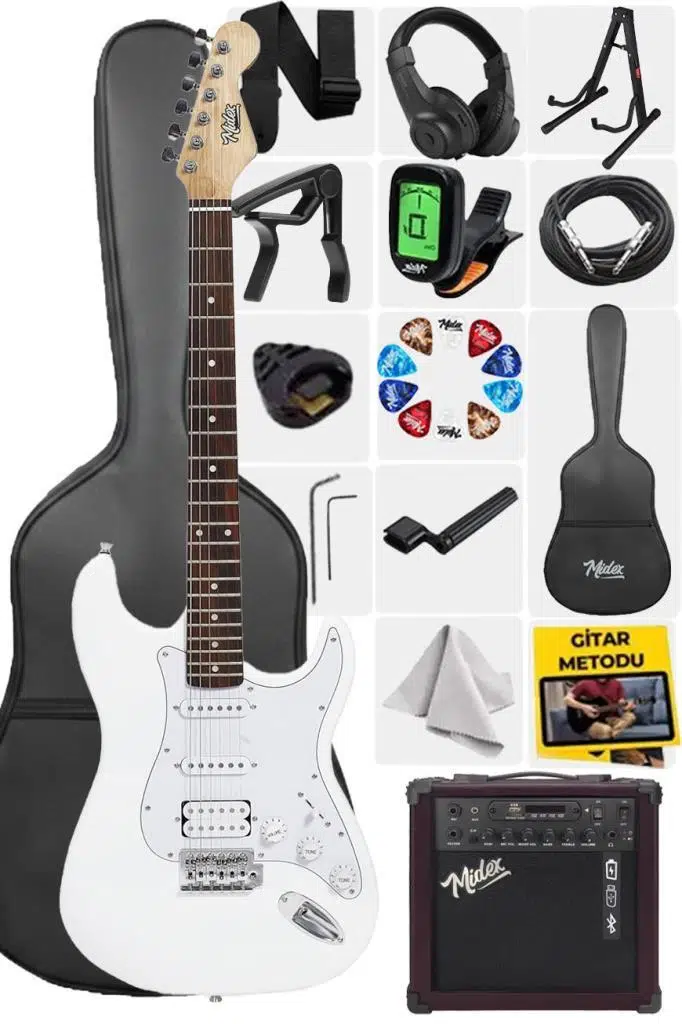 Midex MAP-35WH-25AMP Beyaz Renk Strat Kasa SSH 25W Amfili Elektro Gitar Seti