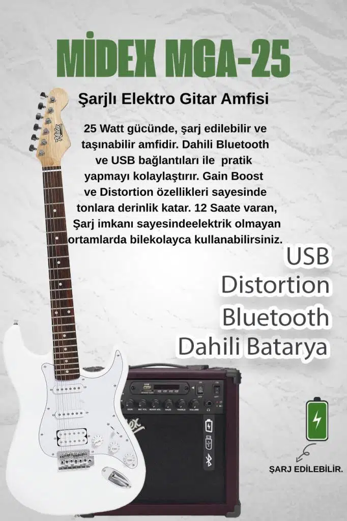 Midex MAP-35WH-25AMP Beyaz Renk Strat Kasa SSH 25W Amfili Elektro Gitar Seti