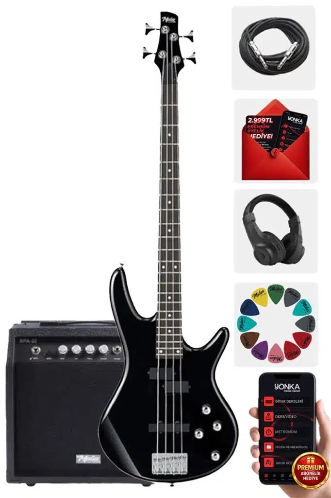 Midex MBG-400BK-20AMP 4 Telli Bas Gitar ve 20W Amfi Kulaklık Full Set