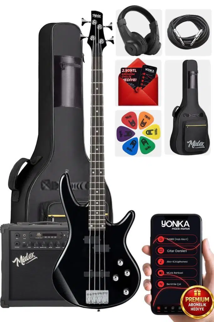 Midex MBG-400BK-25AMP 4 Telli Bas Gitar ve 25W Amfi Gigbag Kulaklık Set