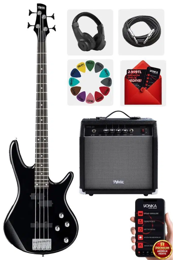 Midex MBG-400BK-25AMP 4 Telli Bas Gitar ve 25W Amfi Kulaklık Set