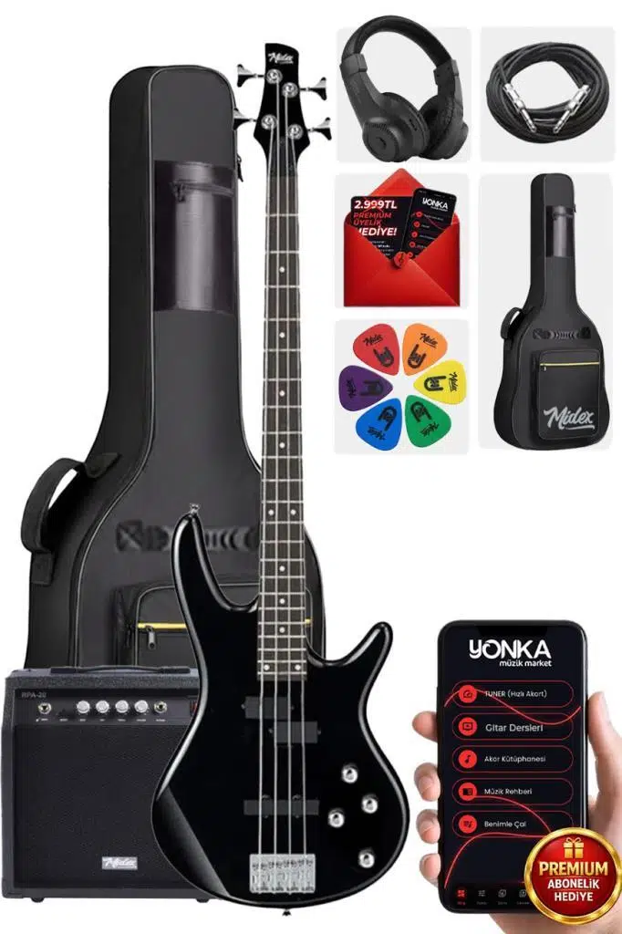 Midex MBG-410BK-20AMP 4 Telli Bas Gitar ve 20W Amfi Gigbag Kulaklık Set