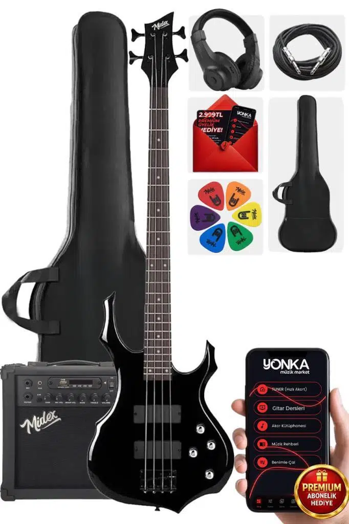 Midex MBG-410BK-25AMP 4 Telli Bas Gitar ve 25W Amfi Gigbag Kulaklık Set
