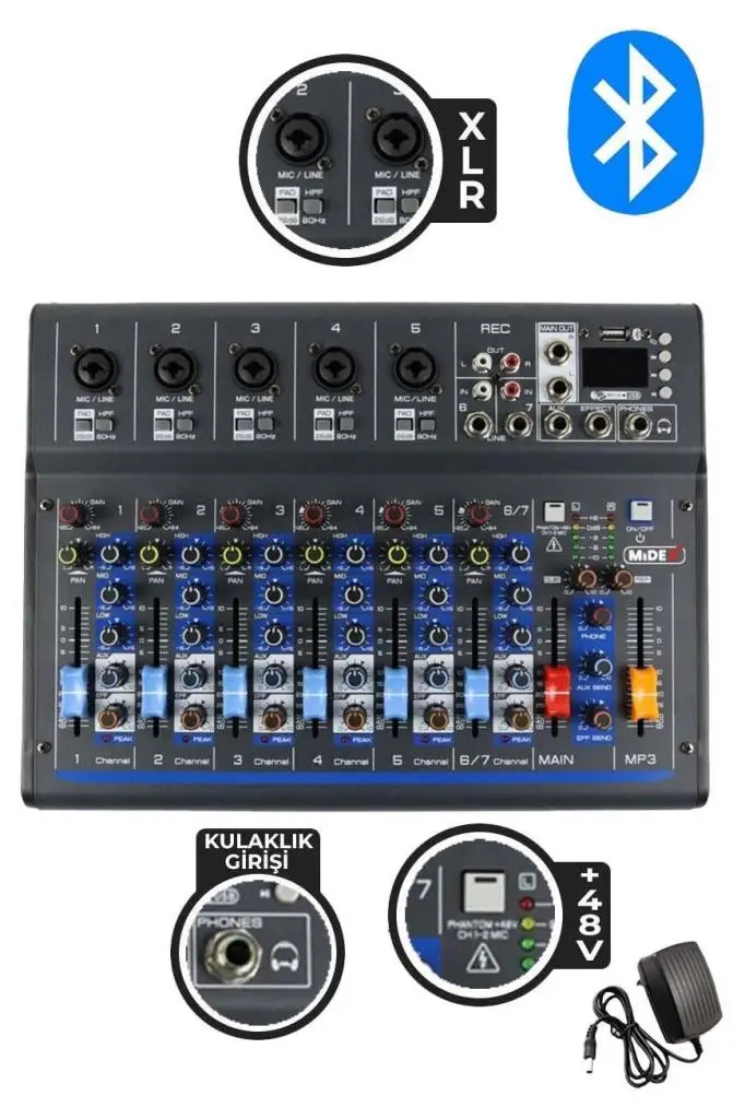 Midex MDX-07FXU 7 Kanal Ses Mikseri Deck Mikser (Kayıt USB Efekt)