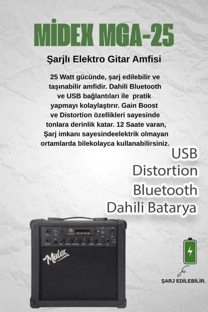 Midex MGA-25BK-HD ŞARJLI Elektro Gitar Amfisi 25 Watt USB Bluetooth Distortion Kulaklık ve Kablo