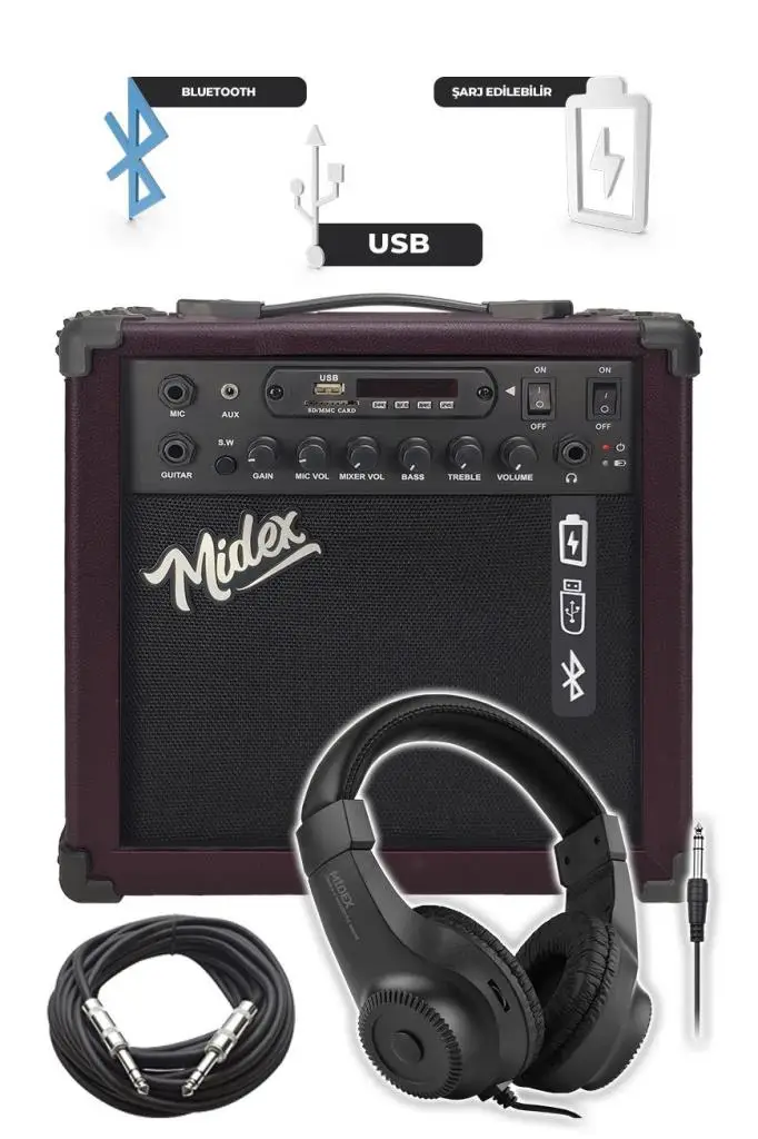 Midex MGA-25BN-HD Elektro Gitar Amfisi 25 Watt USB Bluetooth ve Şarjlı (Amfi Kulaklık ve Jack Kablo)