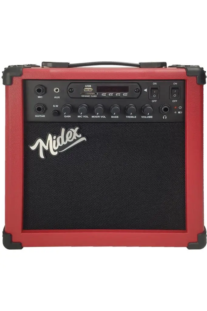 Midex MGA-25RD Elektro Gitar Amfisi 25 Watt USB Bluetooth Şarjlı 2 girişli