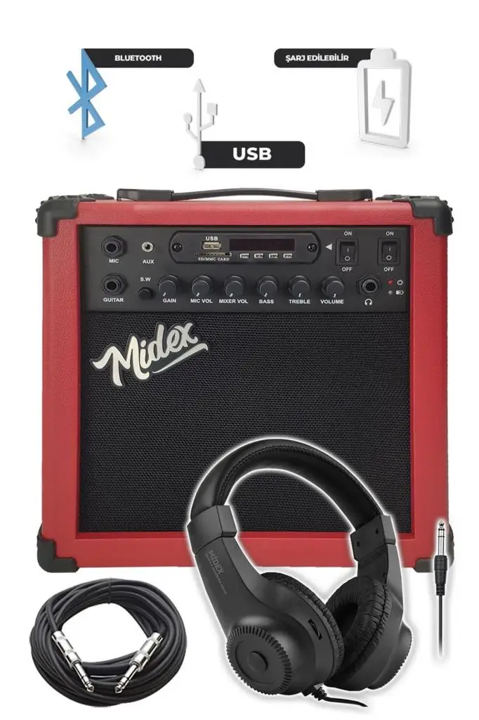 Midex MGA-25RD-HD ŞARJLI Elektro Gitar Amfisi 25 Watt USB Bluetooth Distortion Kulaklık ve Kablo