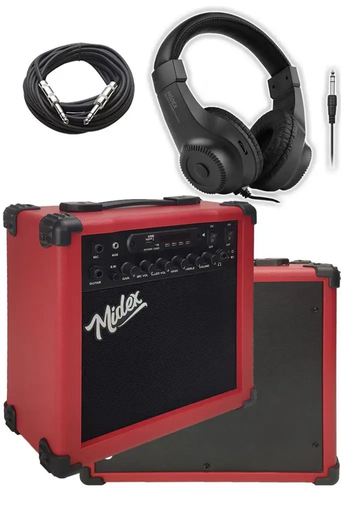 Midex MGA-25RD-HD ŞARJLI Elektro Gitar Amfisi 25 Watt USB Bluetooth Distortion Kulaklık ve Kablo