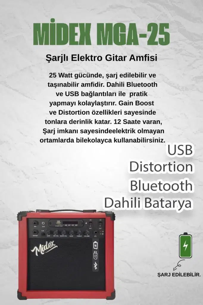 Midex MGA-25RD-PAK Elektro Gitar Amfisi 25 Watt USB Bluetooth ve Şarjlı (Amfi Mikrofon Stand Kulaklık Jack Kablo)