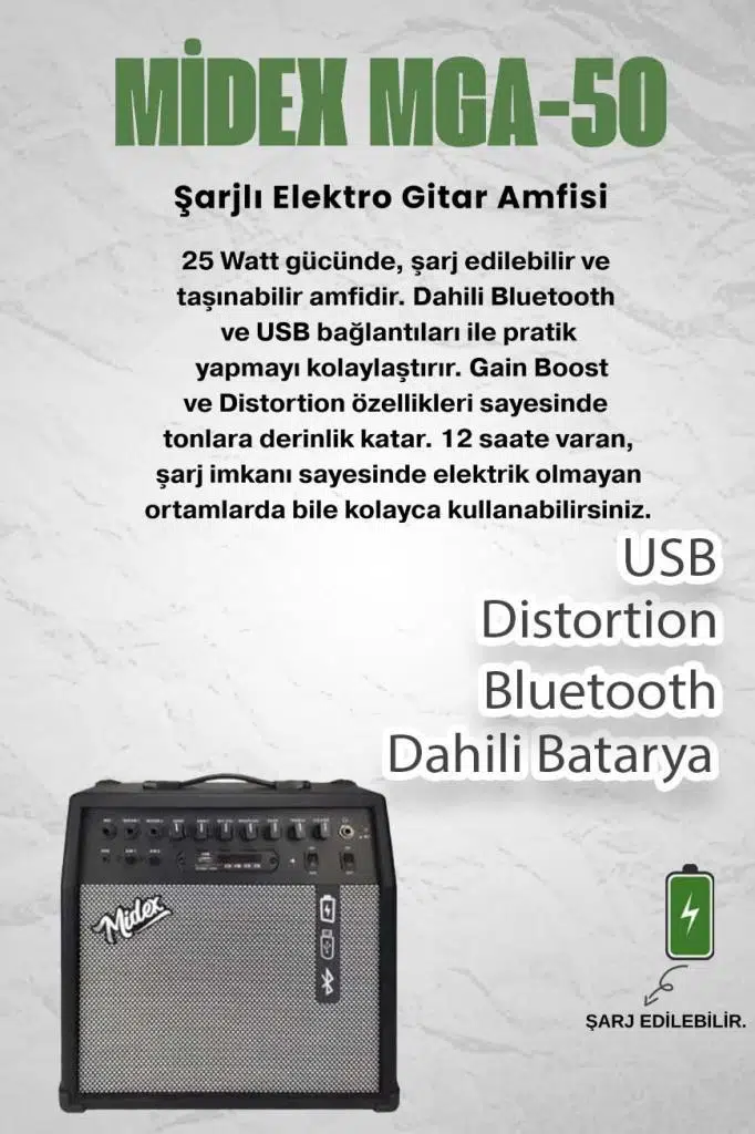 Midex MGA-50BK Elektro Gitar Amfisi 50 Watt USB Bluetooth Şarjlı 4 girişli
