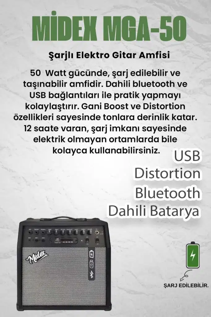 Midex MGA-50BK-PAK Elektro Gitar Amfisi 50 Watt USB Bluetooth Şarjlı 4 girişli (Mikrofon Kulaklık Stand Kablo)
