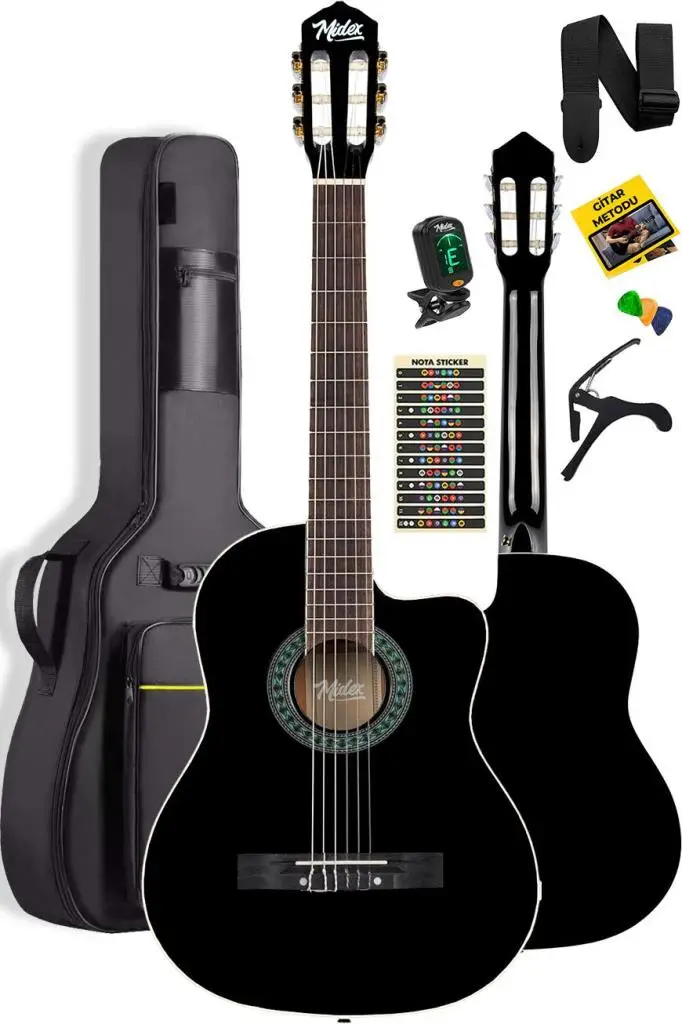 Midex MGX-100BK-BAG Üst Seviye Klasik Gitar 4/4 Sap Ayarlı Gül Klavye (Tuner Çanta Askı Capo Metod Pena)