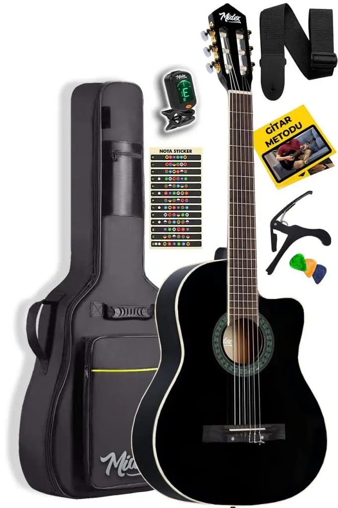 Midex MGX-100BK-BAG Üst Seviye Klasik Gitar 4/4 Sap Ayarlı Gül Klavye (Tuner Çanta Askı Capo Metod Pena)