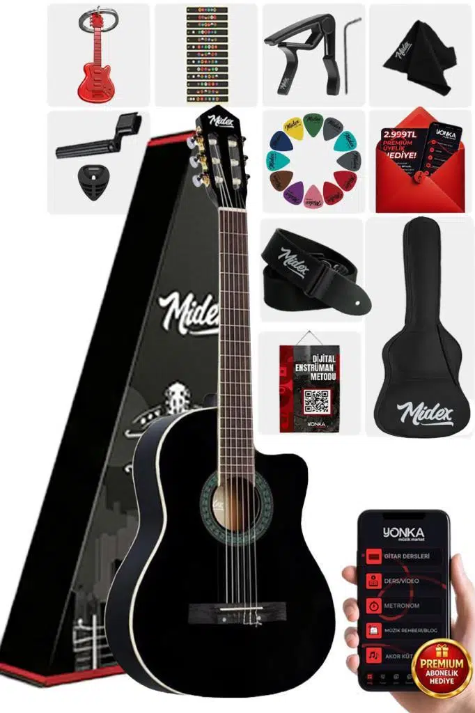 Midex MGX-100BK-BAG Üst Seviye Klasik Gitar 4/4 Sap Ayarlı Gül Klavye