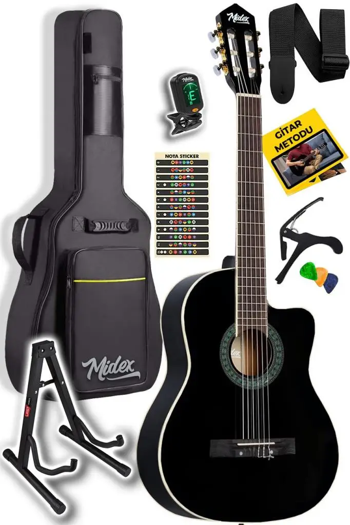 Midex MGX-100BK-ST Üst Seviye Klasik Gitar 4/4 Sap Ayarlı (Çanta Stand Tuner Capo Askı Metod Pena)
