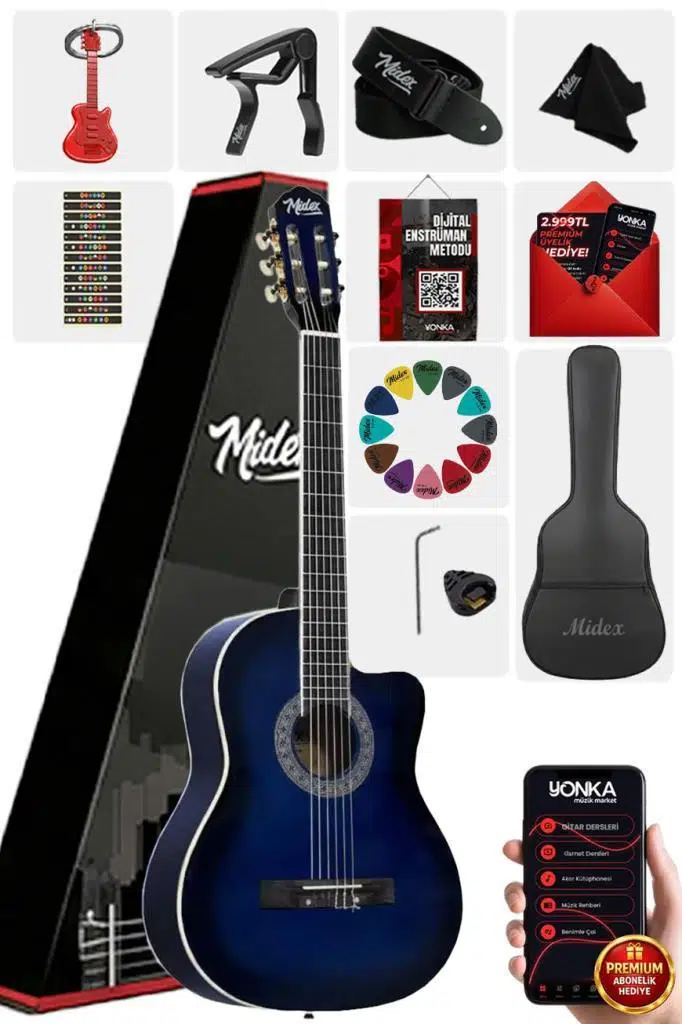 Midex MGX-100BL-BAG Üst Seviye Klasik Gitar 4/4 Sap Ayarlı (Tuner Çanta Askı Capo Metod Pena)