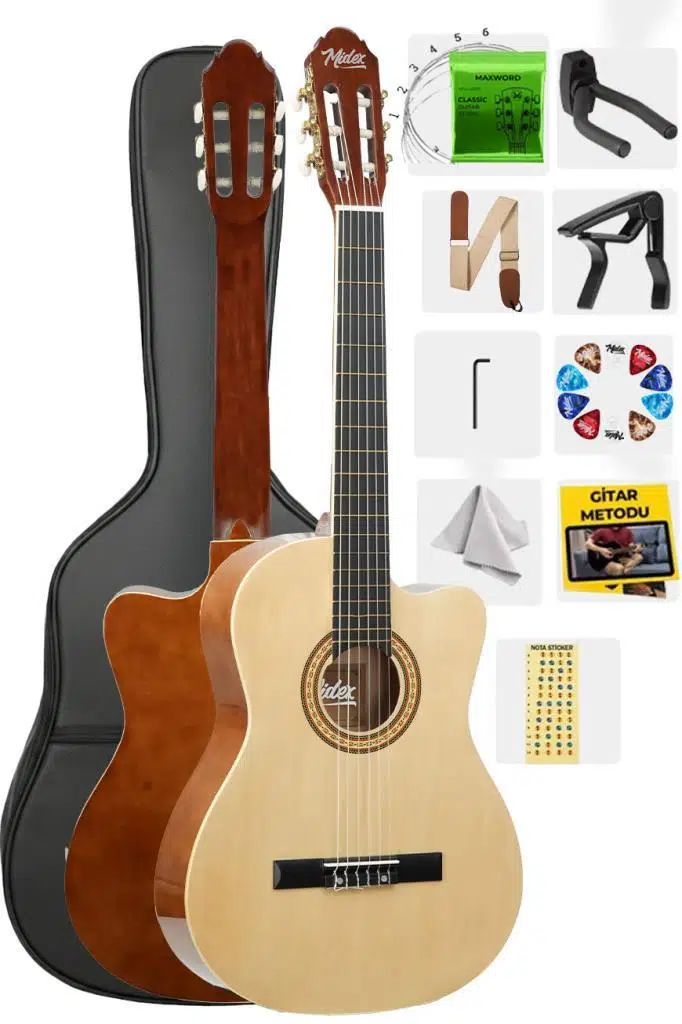Midex MGX-100CR Üst Seviye Klasik Gitar 4/4 Sap Ayarlı (Çanta Askı Capo Metod Pena)