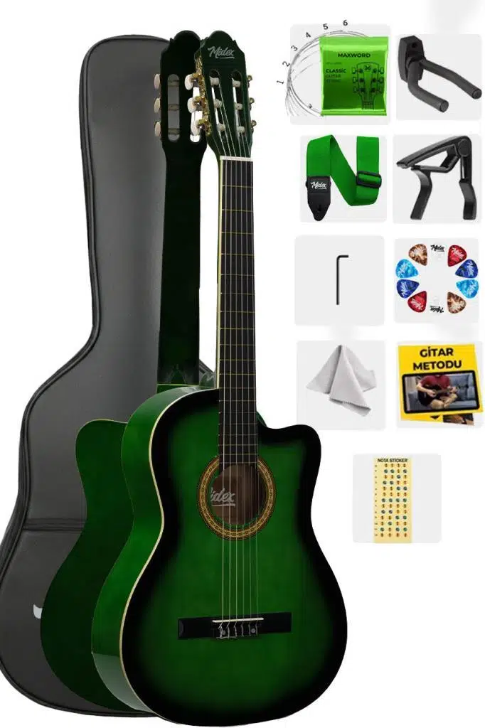 Midex MGX-100GR Üst Seviye Klasik Gitar 4/4 Sap Ayarlı (Çanta Askı Capo Metod Pena)