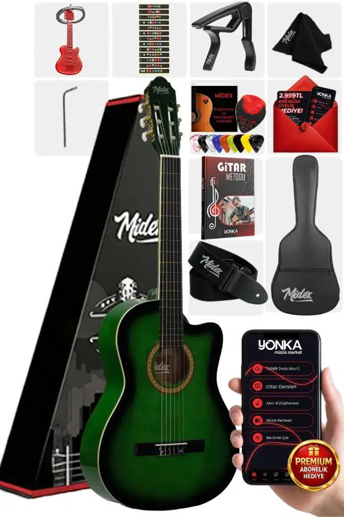 Midex MGX-100GR Üst Seviye Klasik Gitar 4/4 Sap Ayarlı (Çanta Askı Capo Metod Pena)