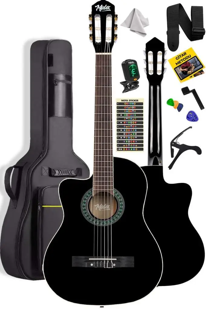 Midex MGX-101BK Üst Kalite SOLAK Klasik Gitar Siyah Sap Ayarlı Gül Klavye 4/4 Yetişkin