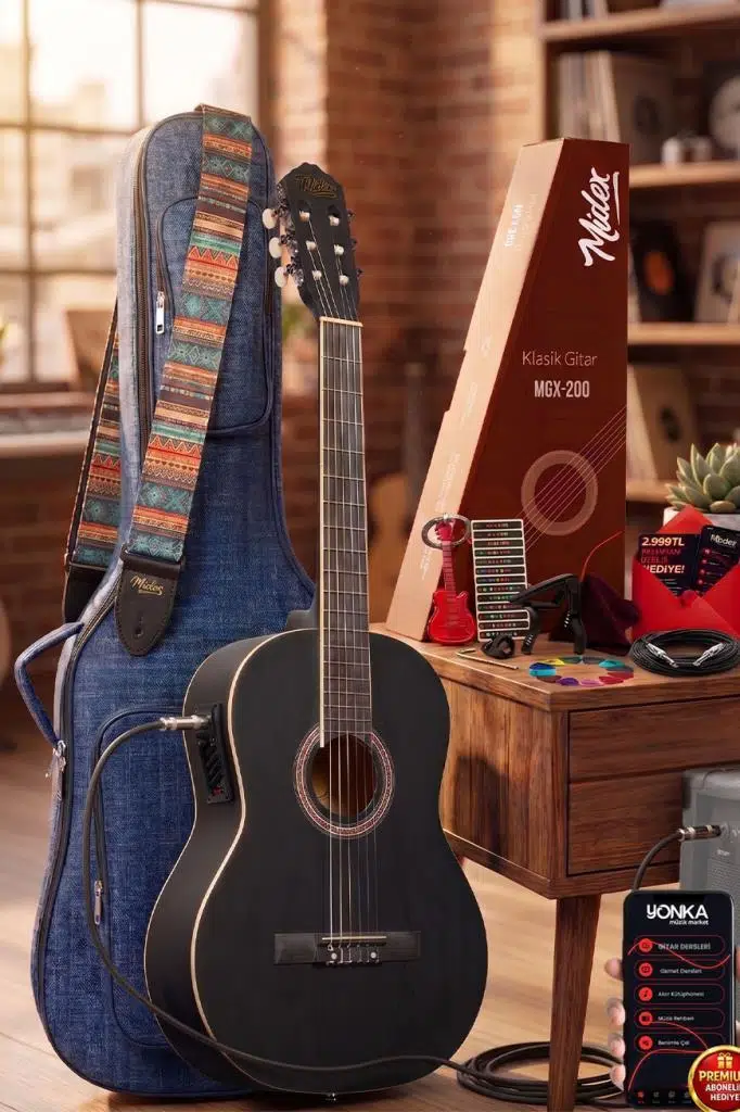 Midex MGX-200MBK-EQ Ekolayzerli Profesyonel Elektro Klasik Gitar Seti Mat Siyah 4/4 Üst Segment