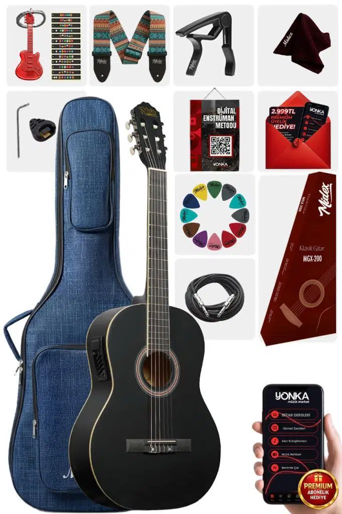 Midex MGX-200MBK-EQ Ekolayzerli Profesyonel Elektro Klasik Gitar Seti Mat Siyah 4/4 Üst Segment