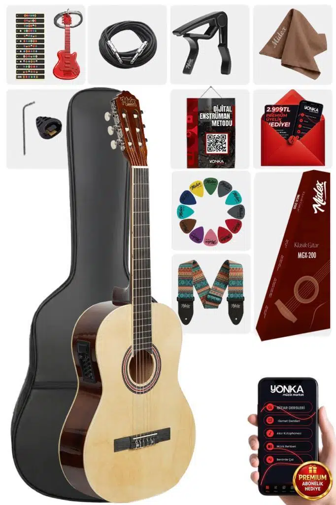 Midex MGX-200NT-EQ Ekolayzerli Profesyonel Elektro Klasik Gitar Seti Natural 4/4 Üst Segment
